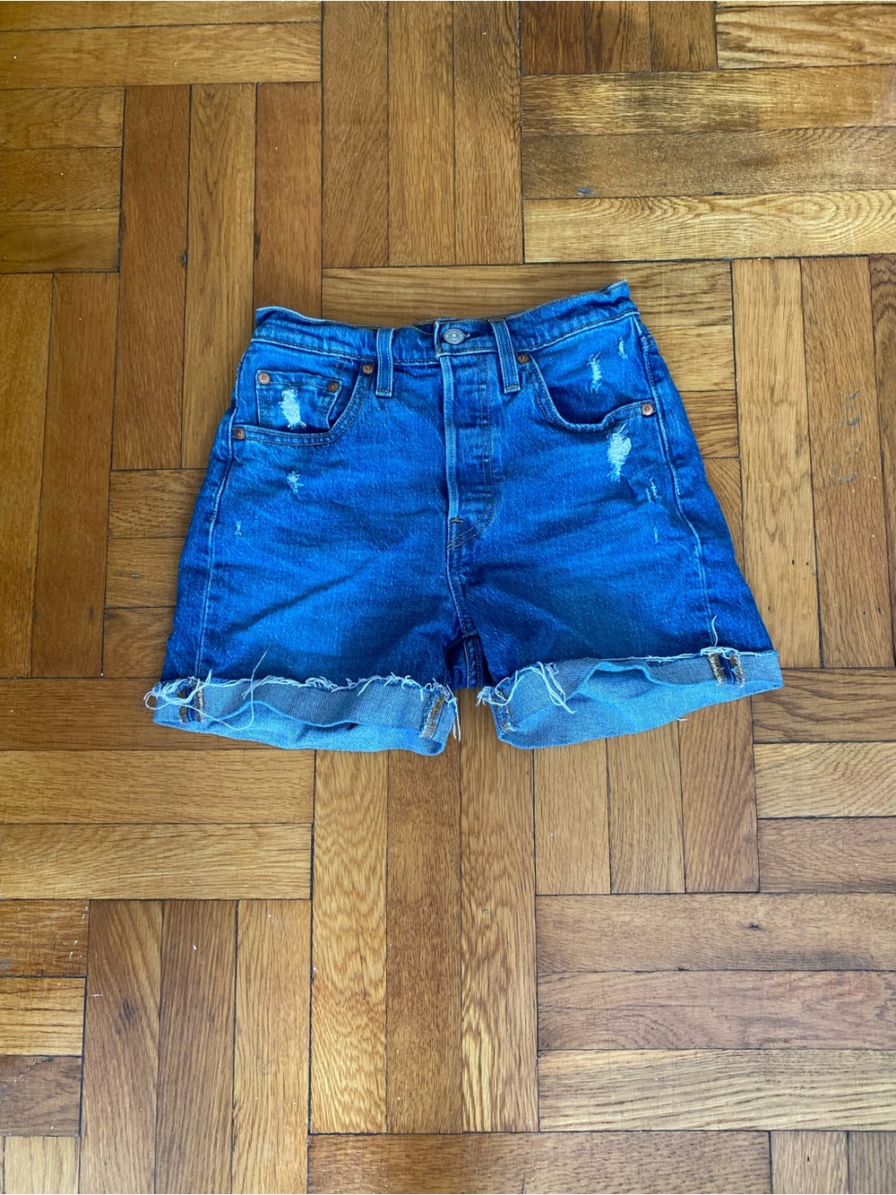 Levi’s Premium 501 Distressed Denim Shorts W25 High Rise Cutoff Cuffed Blue